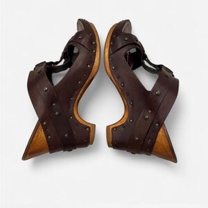 Women's Dark Brown Studded Leather Wedge Sandals